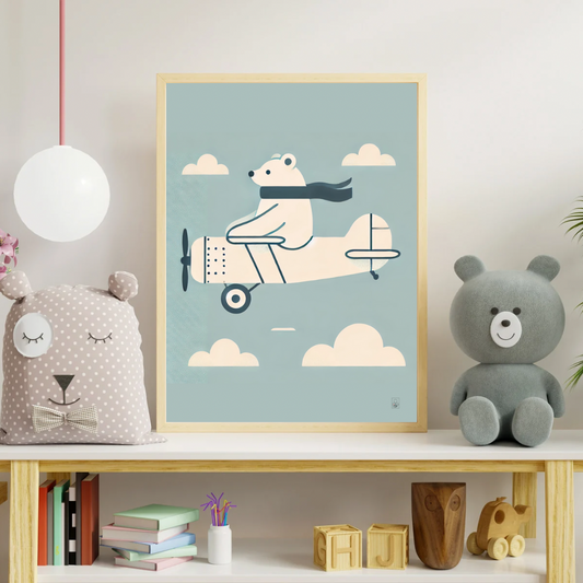 Cute Bear Flying an Airplane Poster – 50x70 cm